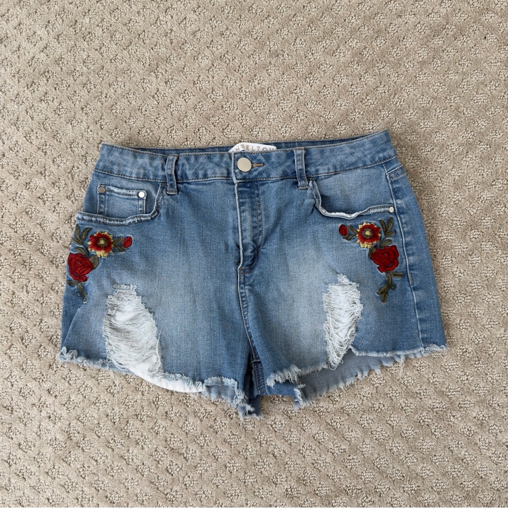 Tinseltown Blue Jean Shorts with Red Floral Embroidery